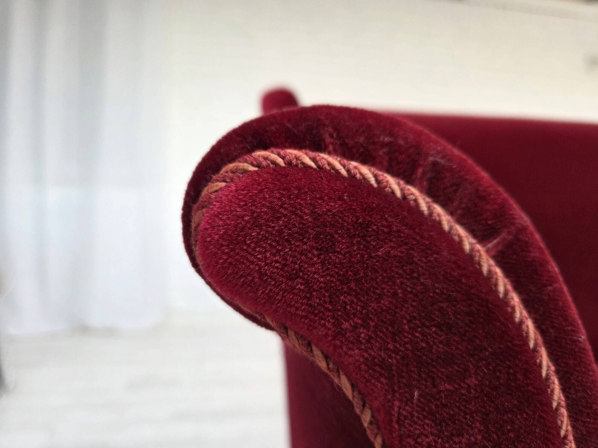 1960s, Danish 3-seater sofa, cherry-red furniture velour, ash wood.