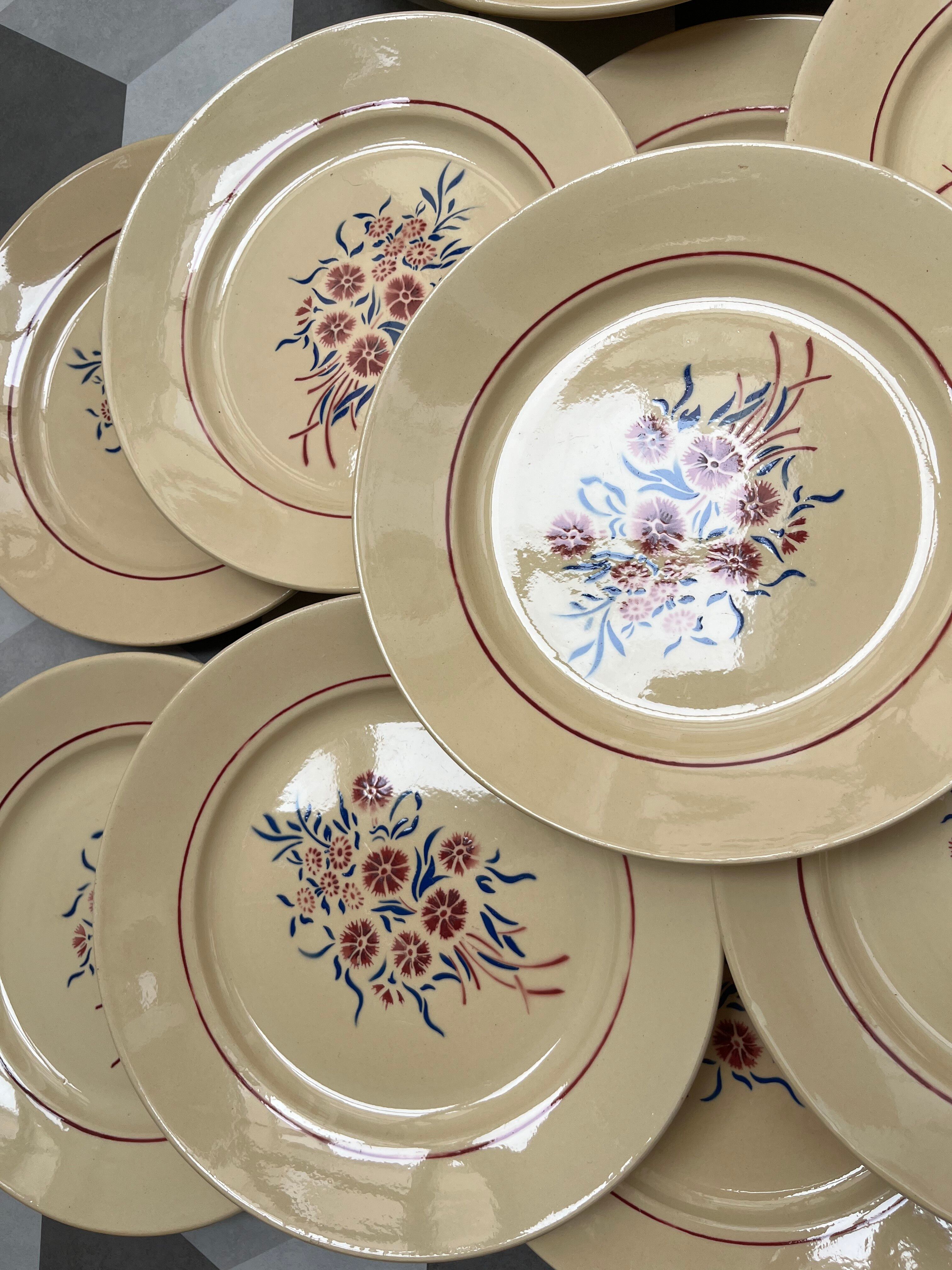 Set 12 assiettes plates « œillets » et plat Badonviller