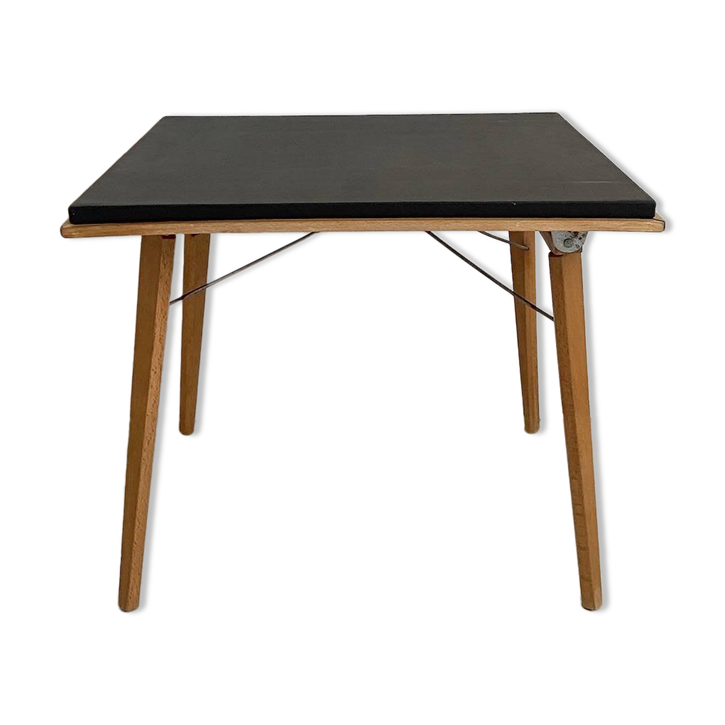 Folding Coffee Table "PLIDEAL" Beech & Black Faux Leather 50s Vintage