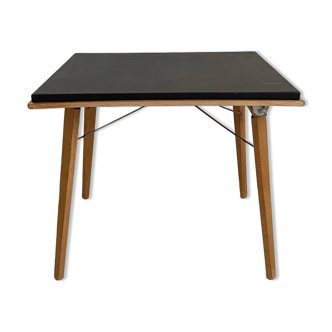 Folding Coffee Table "PLIDEAL" Beech & Black Faux Leather 50s Vintage
