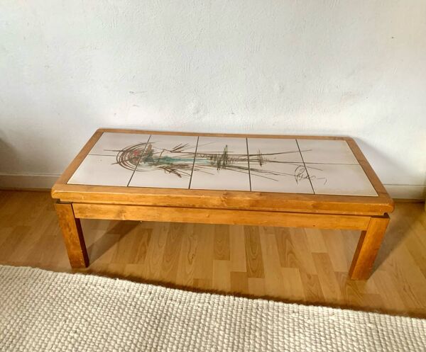 Table basse de salon vintage orme et ceramique