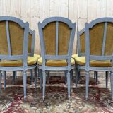 Set of 6 Louis XVI style chairs with polished wood and velvet.