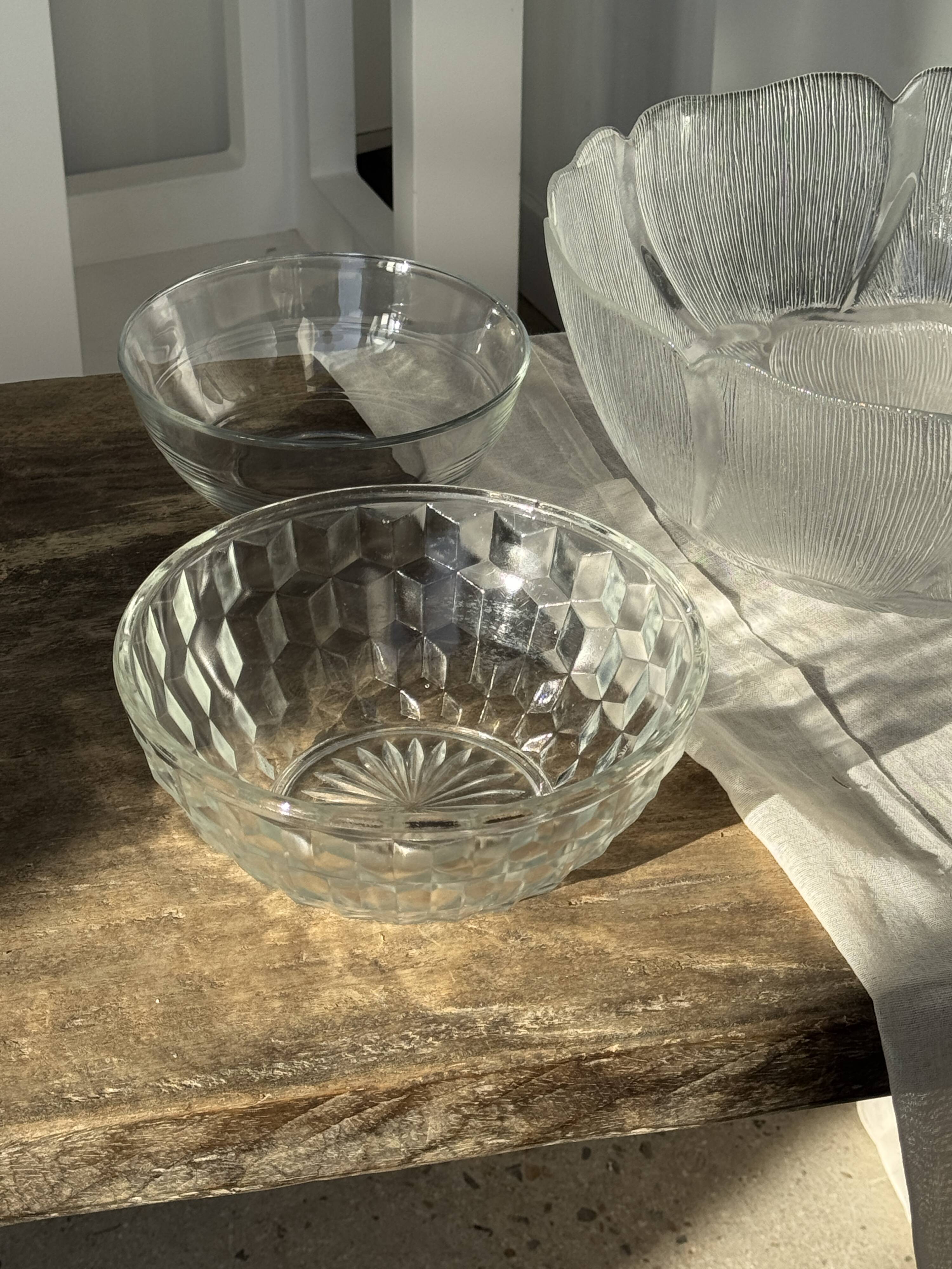 Small vintage glass bowl with a cube pattern.