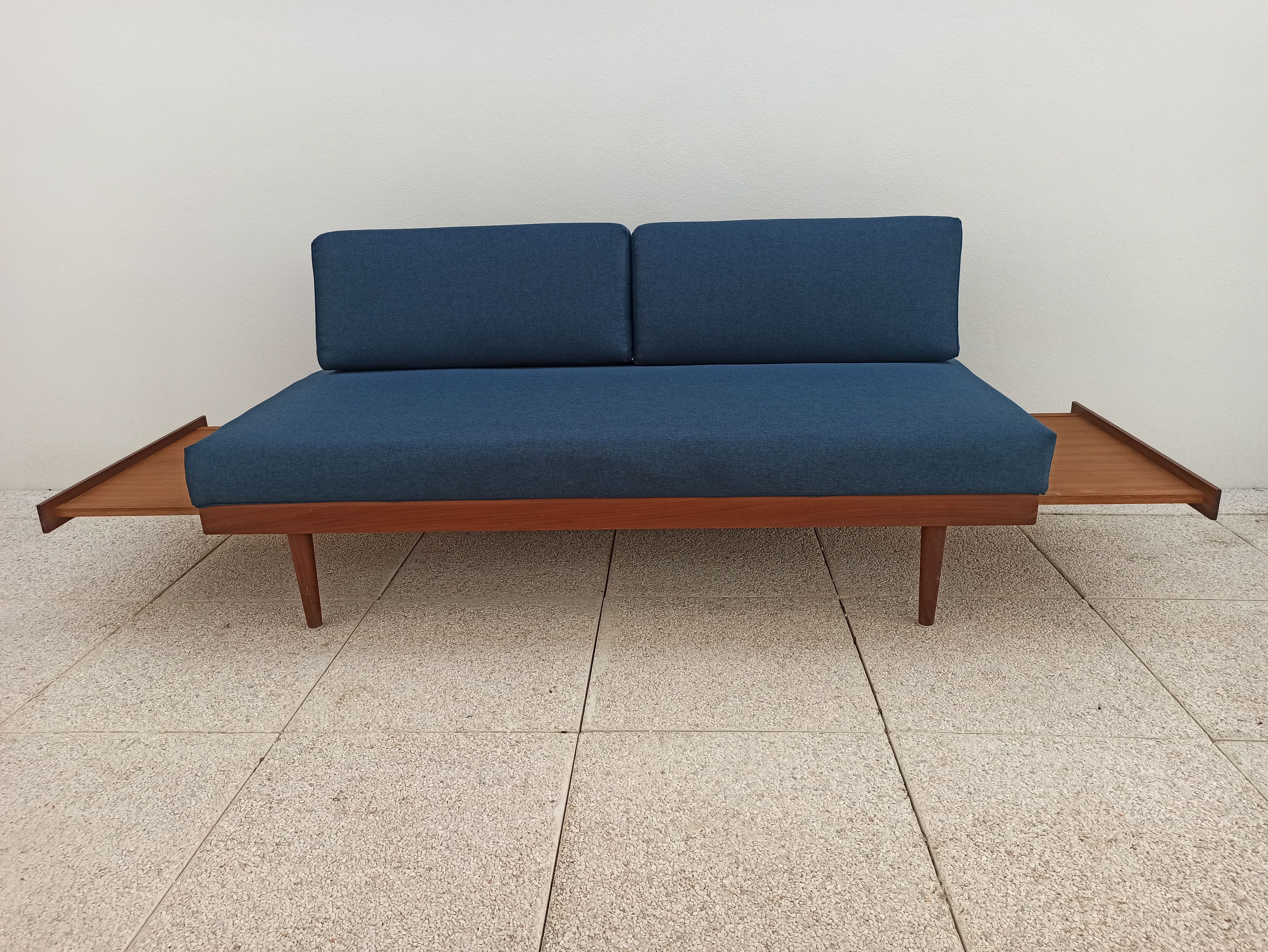 Vintage Norwegian Daybed sofa in teak and petrol blue fabric by Ingmar Relling for