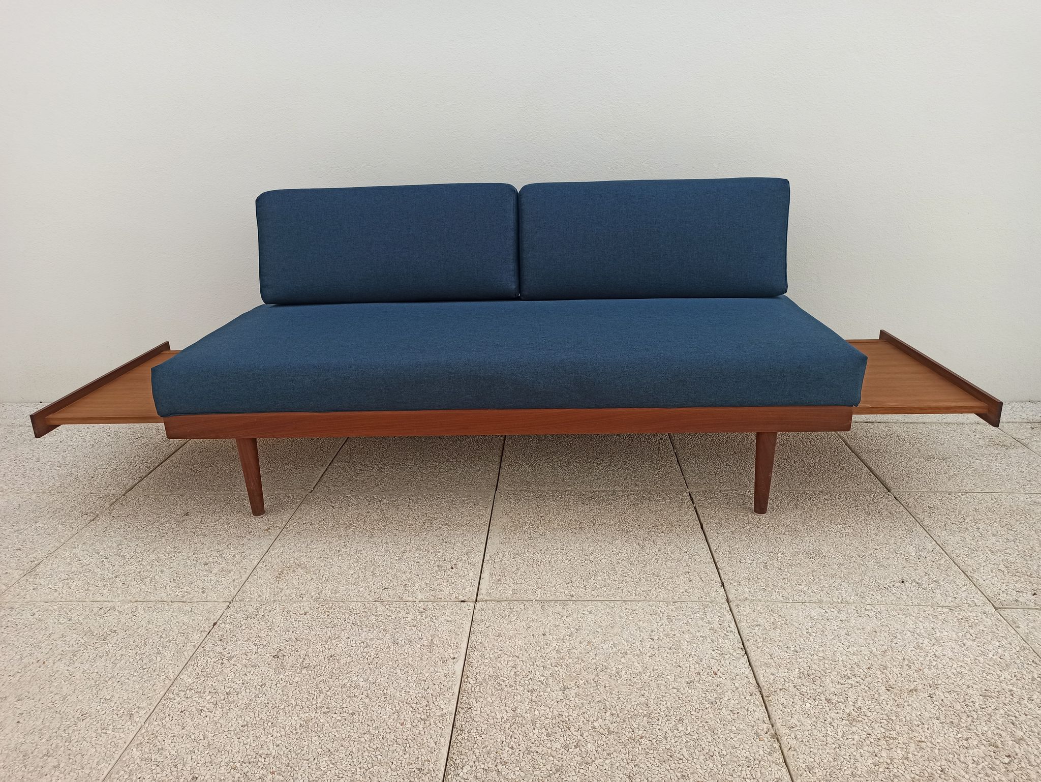 Vintage Norwegian Daybed sofa in teak and petrol blue fabric by Ingmar Relling for