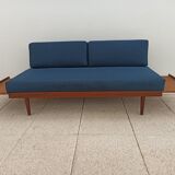 Vintage Norwegian Daybed sofa in teak and petrol blue fabric by Ingmar Relling for