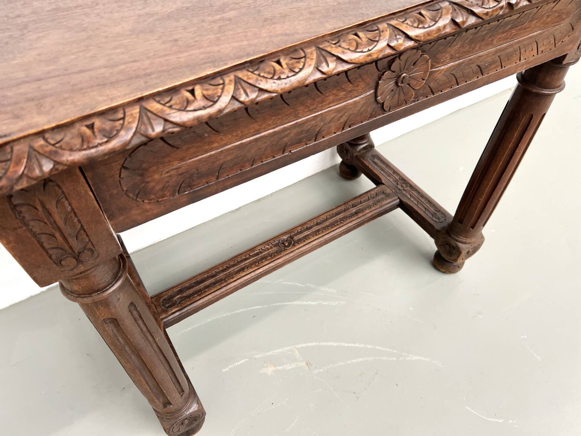 Small carved oak writing table, 19th century