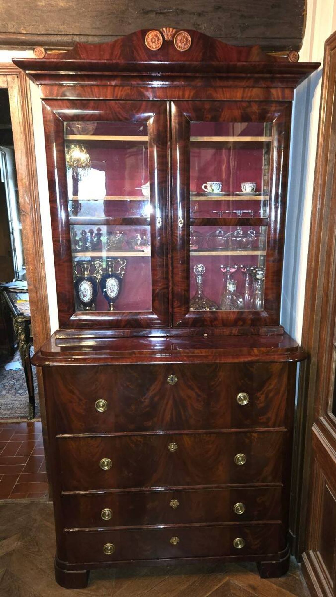 English mahogany library chest of drawers, in Empire or Restoration style.