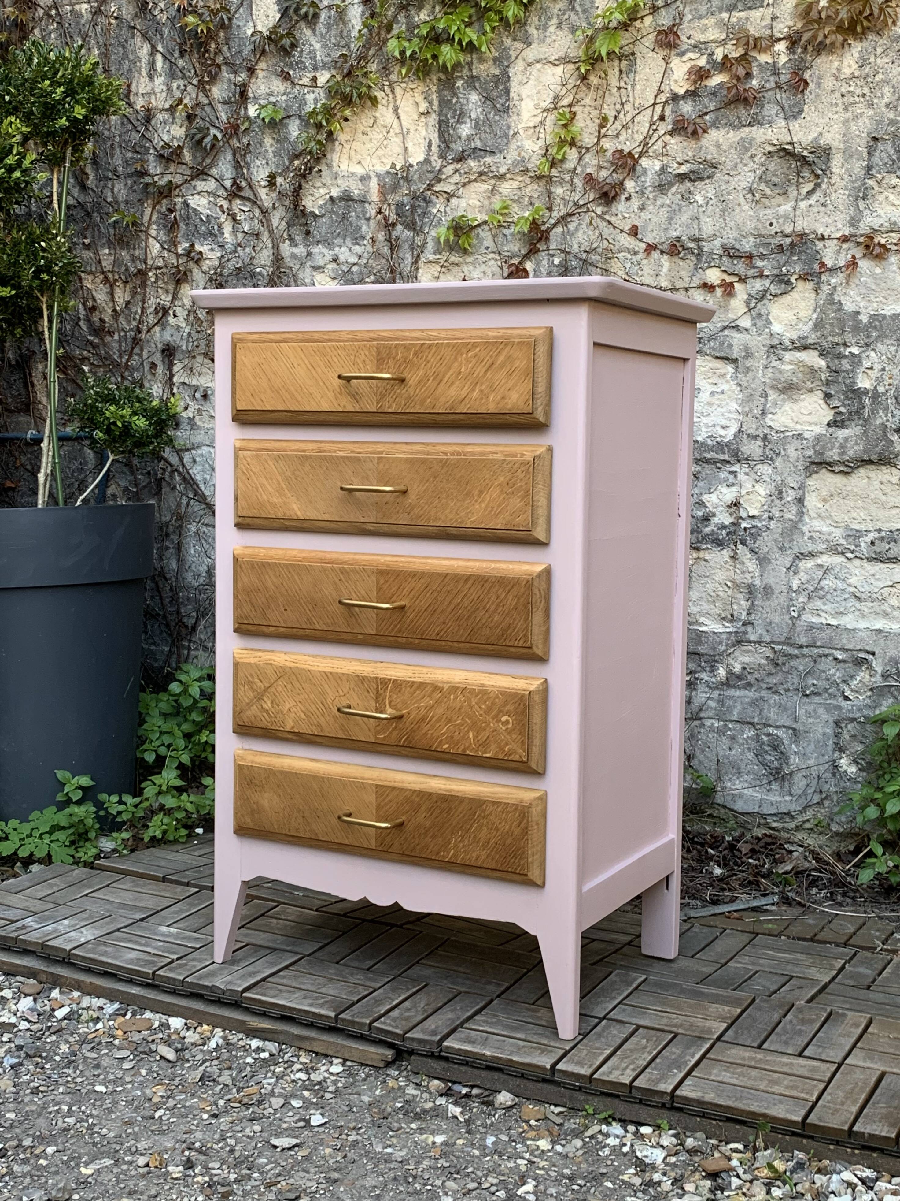 Vintage powder pink compass leg chest of drawers from the 1950s