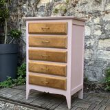 Vintage powder pink compass leg chest of drawers from the 1950s