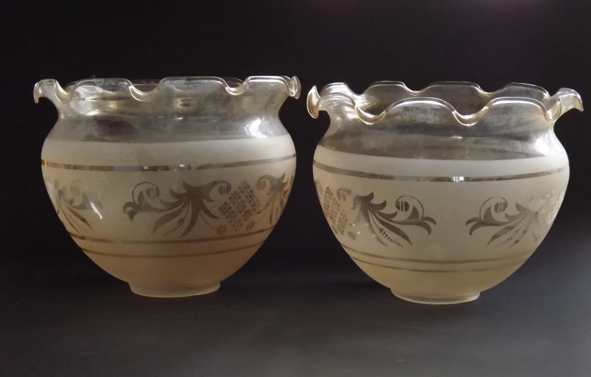 Set of 2 Vintage French Amber Patterned Glass Shades Frilled Edge