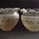 Set of 2 Vintage French Amber Patterned Glass Shades Frilled Edge