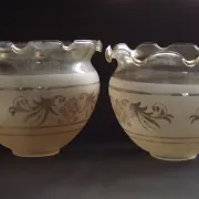 Set of 2 Vintage French Amber Patterned Glass Shades Frilled Edge