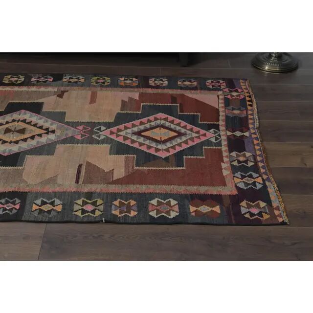 70's Brown Turkish Oushak Handmade Wool Geometric Motif Runner Rug 123x293