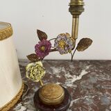 Lamp, Capodimonte, porcelain flowers, polychrome, brass leaves, cherry marble base, lampshade