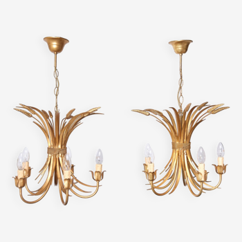 Pair Gilded Brass wheat sheaf chandeliers Italy 1970s