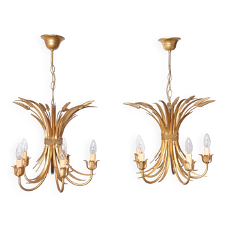 Pair Gilded Brass wheat sheaf chandeliers Italy 1970s