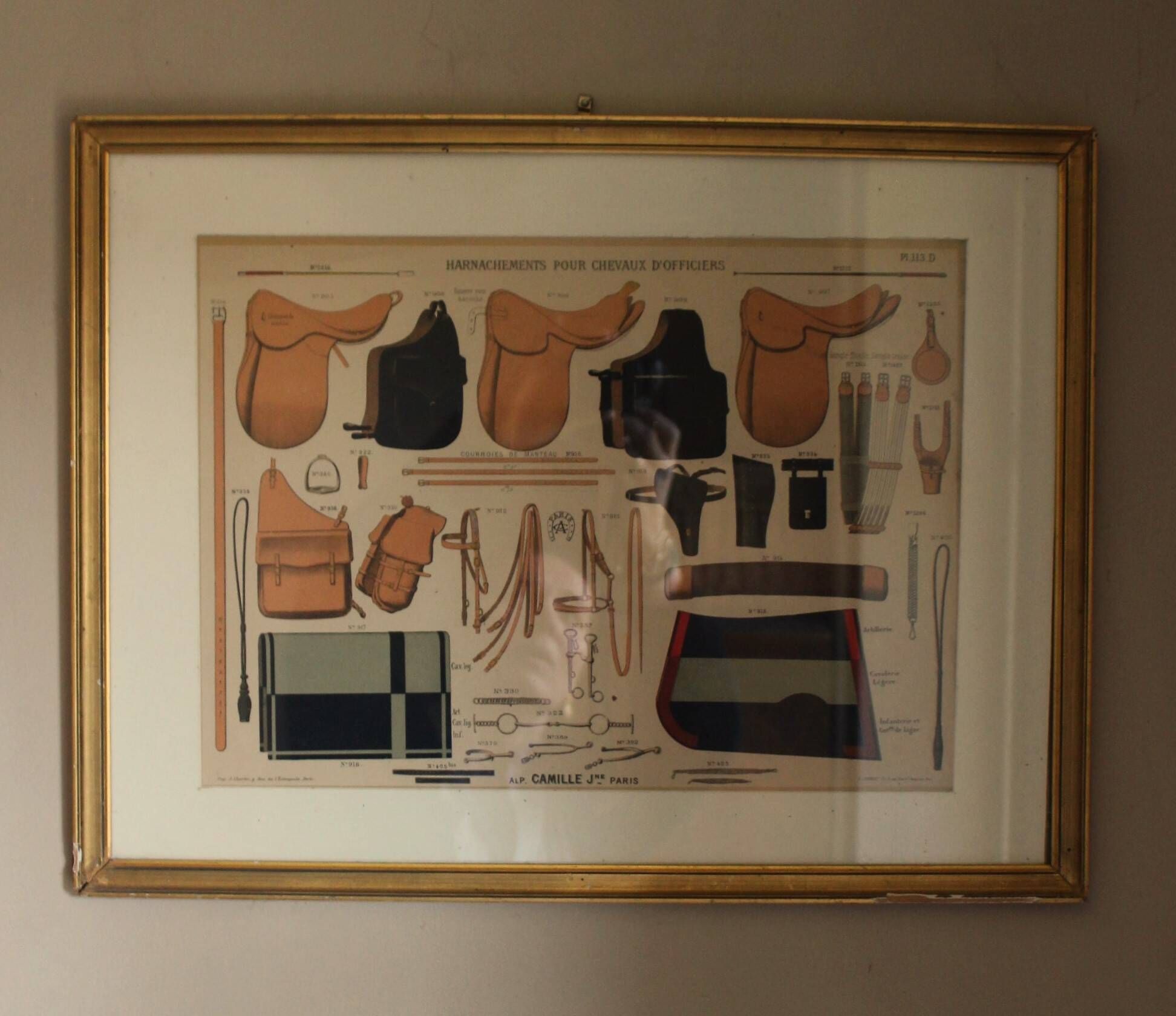 Framed lithograph "horse riding saddlery Alp Camille", late 20th century