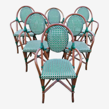 Lot de 6 fauteuils bistrot en rotin Parisienne tressage vert et écru