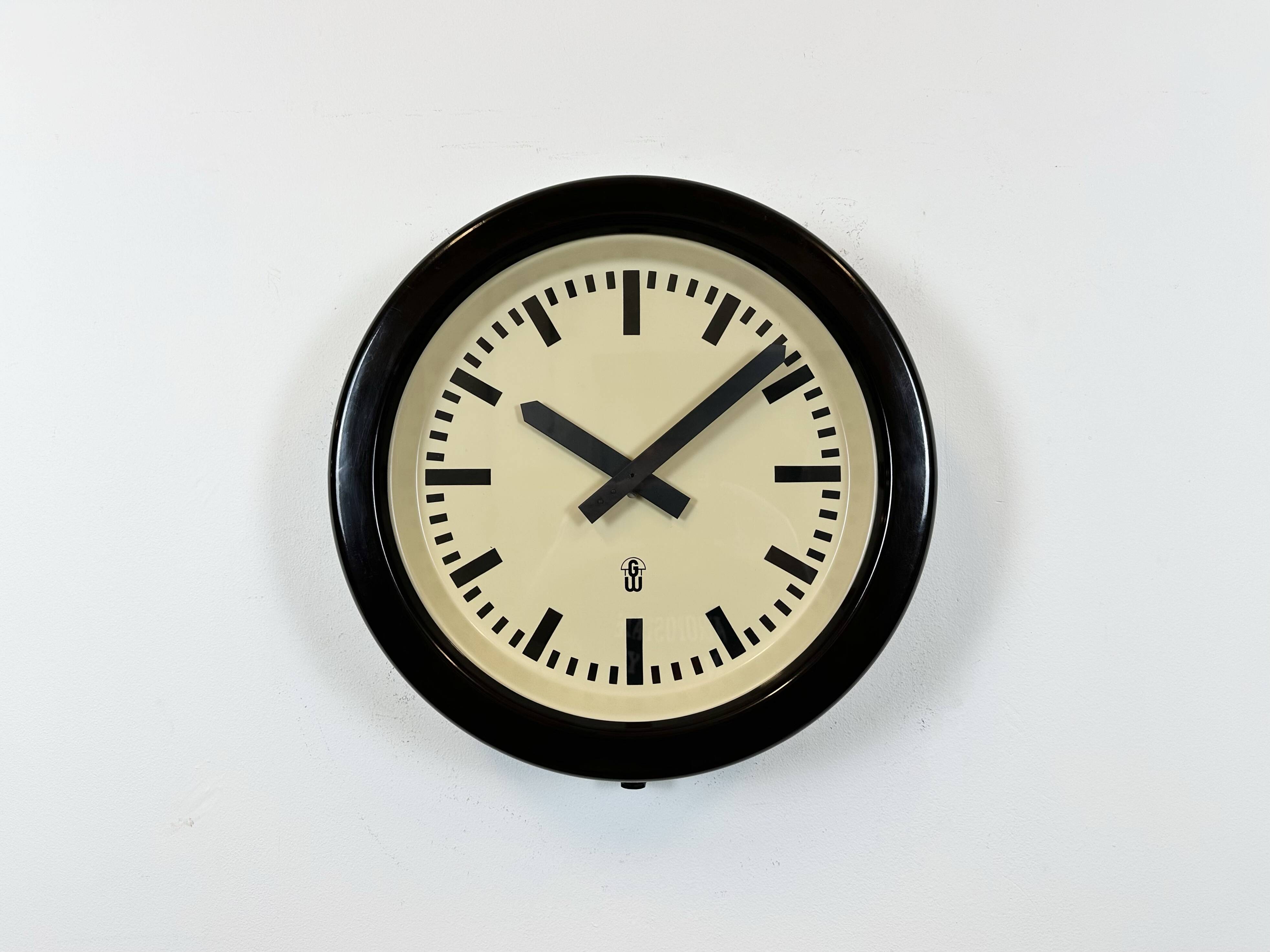 Large Industrial Brown Bakelite East German Wall Clock from GW, 1960s