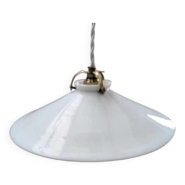 Ancienne suspension baladeuse Art déco abat jour opaline lisse diamètre 25,5 cm n°2