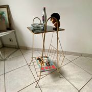 Vintage 1960s brass and smoked glass side table with magazine holder.