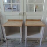 Pair of bedside tables, end tables re-enchanted in pearl gray, wooden top.