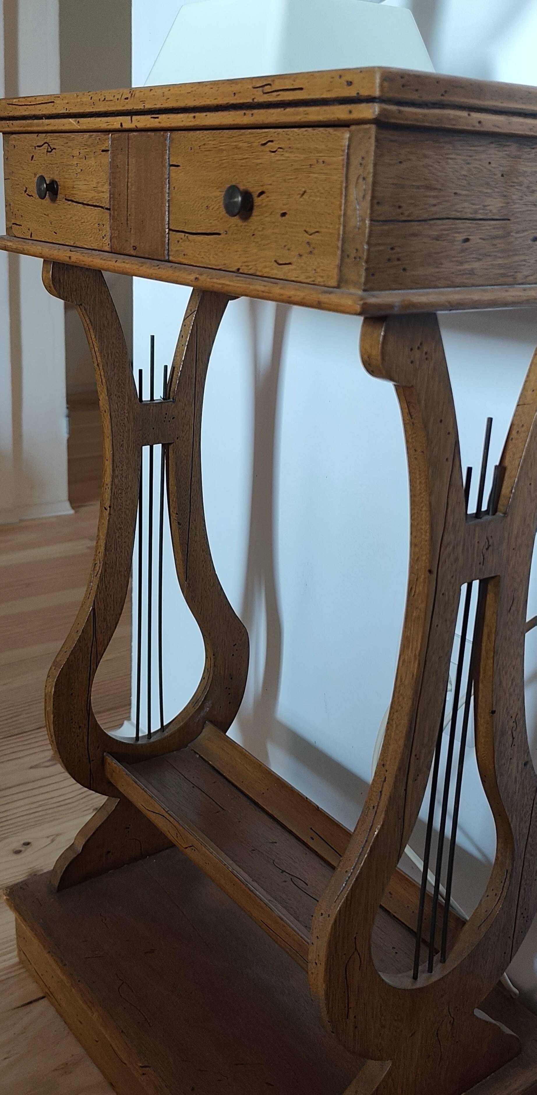 Lyre bedside table, cherry wood, 1960s.
