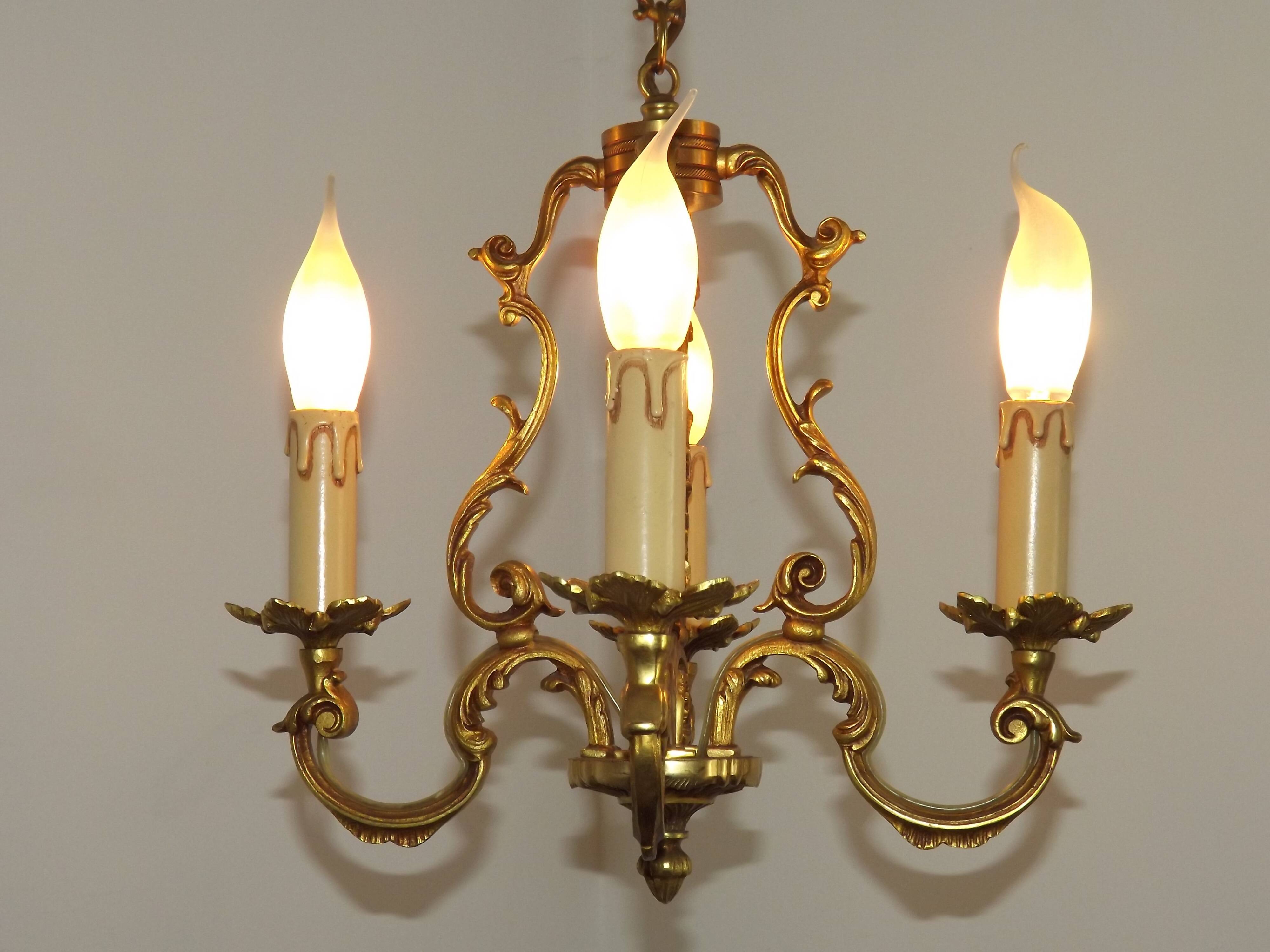 French Vintage Bronze Art Nouveau Style 4 Light 4 Sided Cage Chandelier
