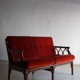 Red velour dark rattan 2-seater sofa | 1980s