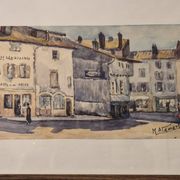 Old watercolour signed marius alamartine "hôtel de la halle" in charlieu