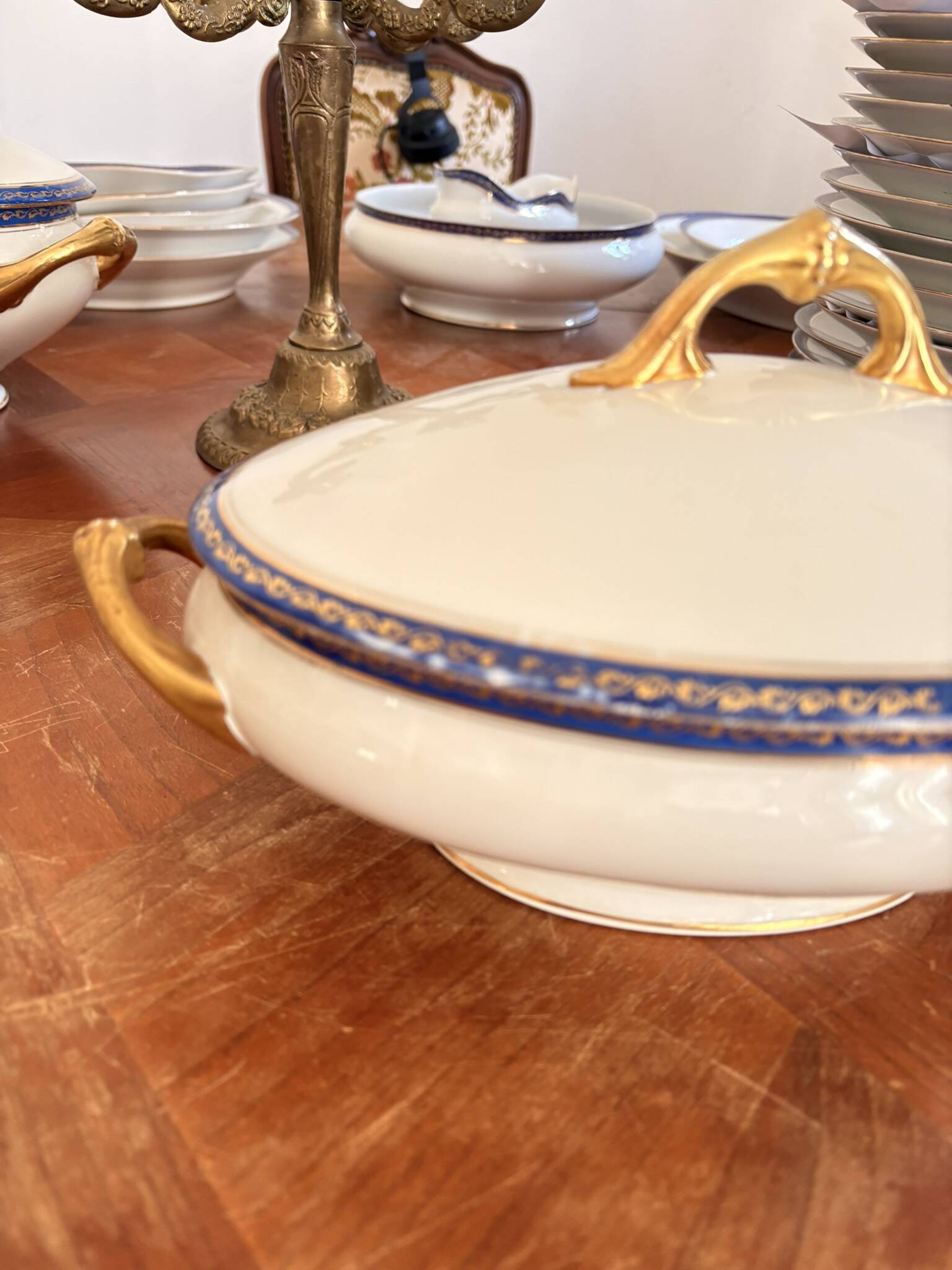 Small Soup Tureen Porcelain Limoges Blue Gold Betoule & Legrand France 1/2