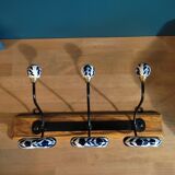 Coat rack patinated wood 3 hooks metal porcelain deco