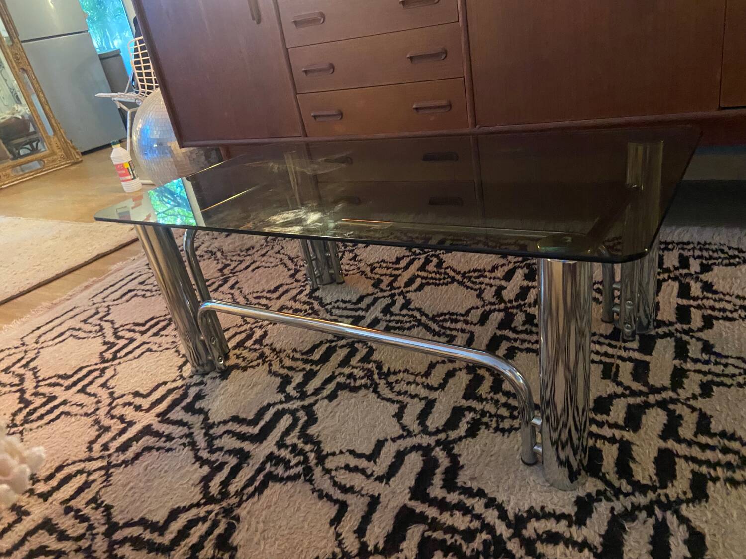 Coffee table in metal and smoked glass from the 70s