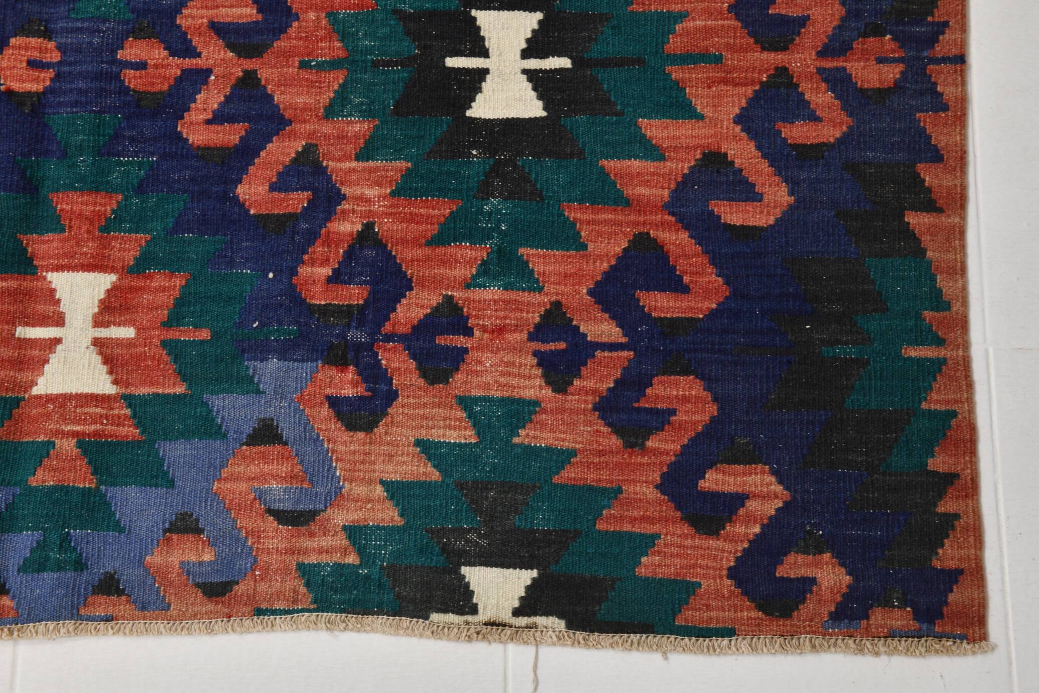 5x8 Blue & Red Geometric Style Vintage Kilim Rug, 158x238Cm