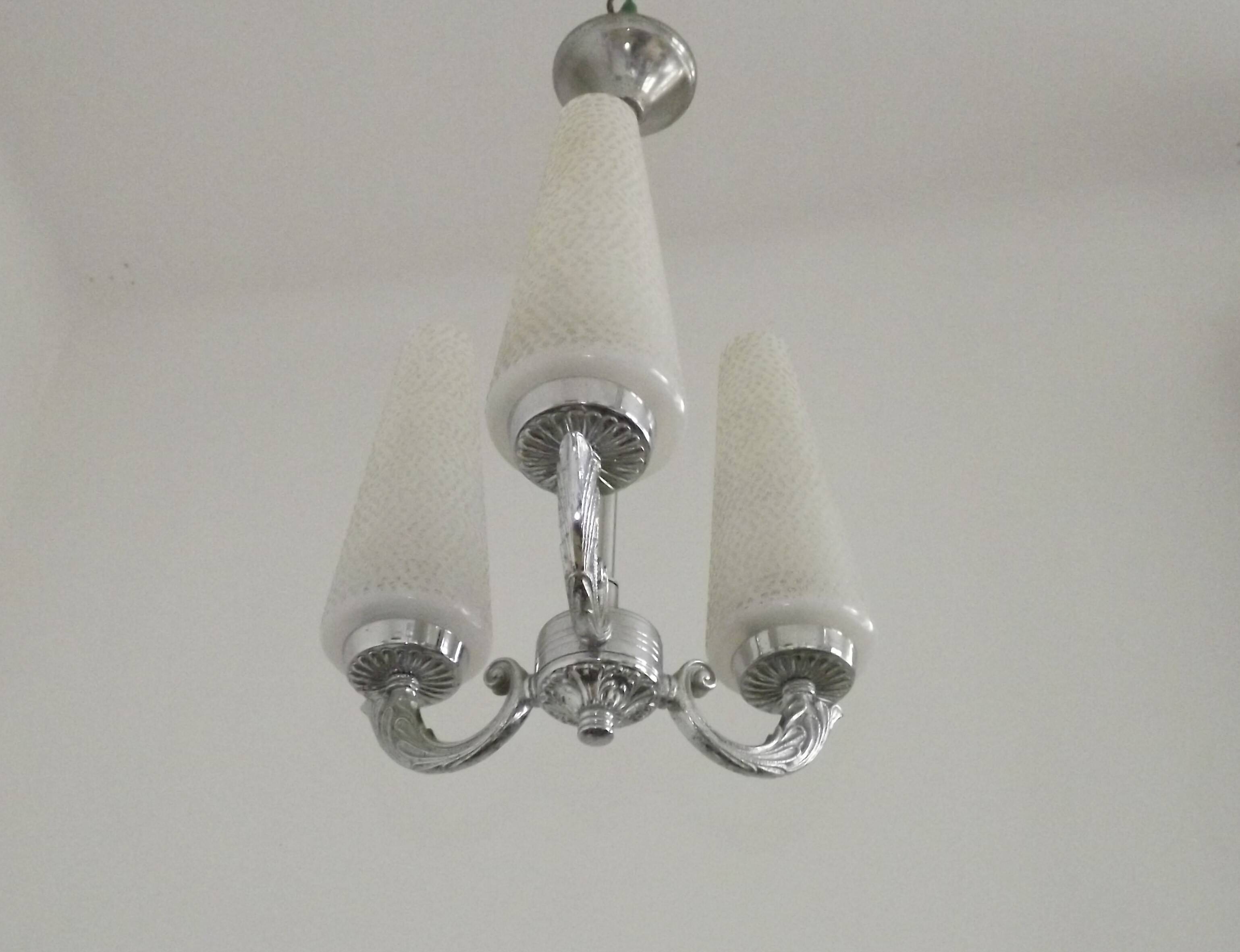 French Mid-Century 3-Light Silver Metal Chandelier with Glass Cone Shades