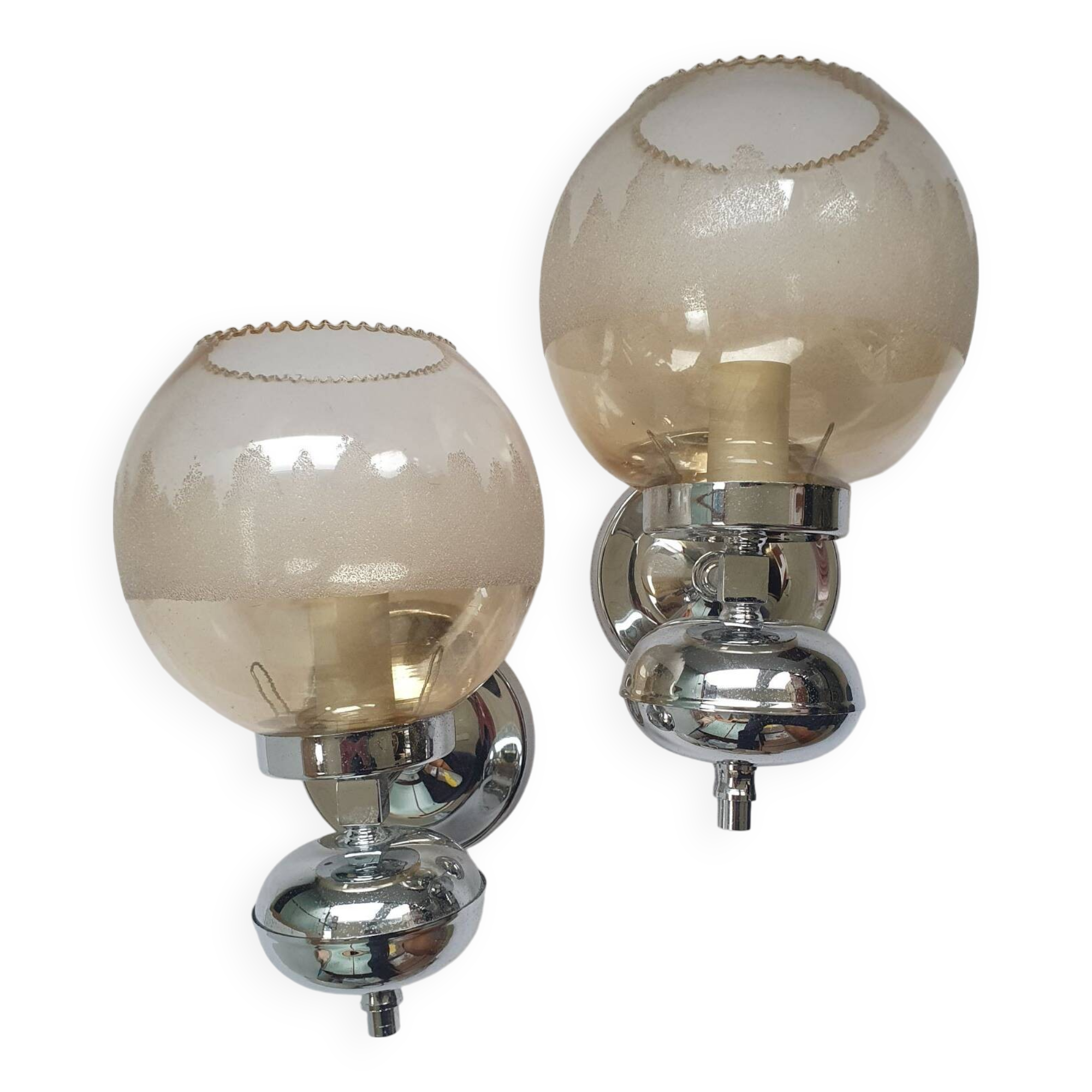 Pair of chrome metal wall lights with vintage sandblasted glass globes