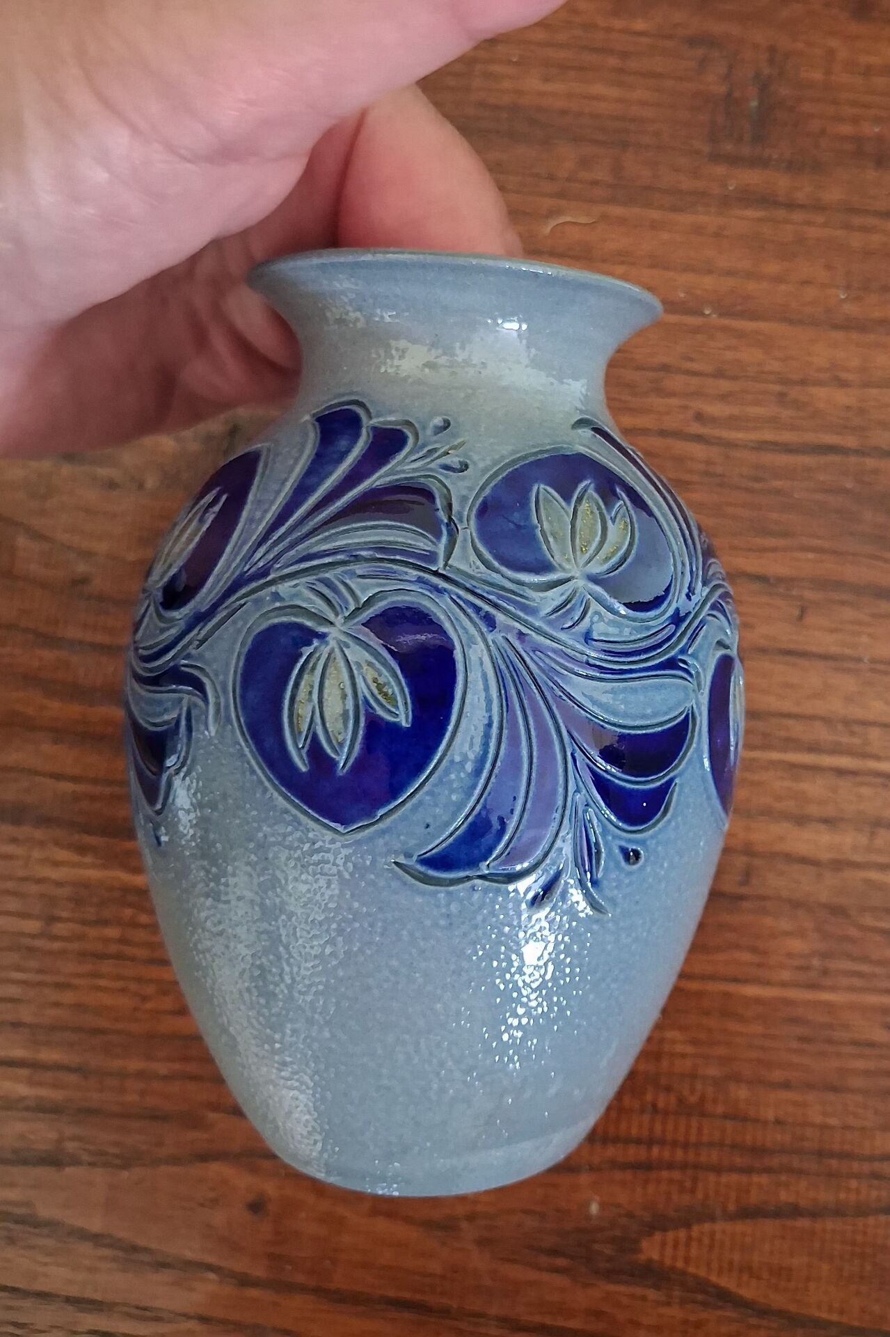Cobalt blue Alsace stoneware soliflore vase signed Schmitter vi
