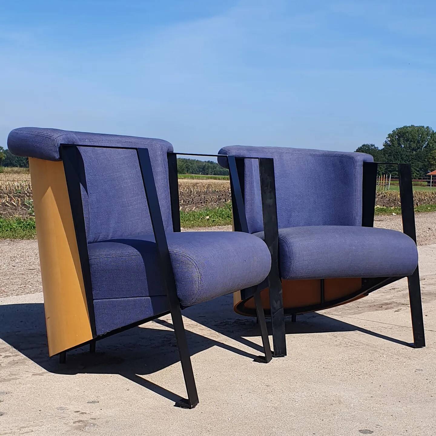Set 2 - post modern cube lounge chair plywood - metal 1980s 1990s