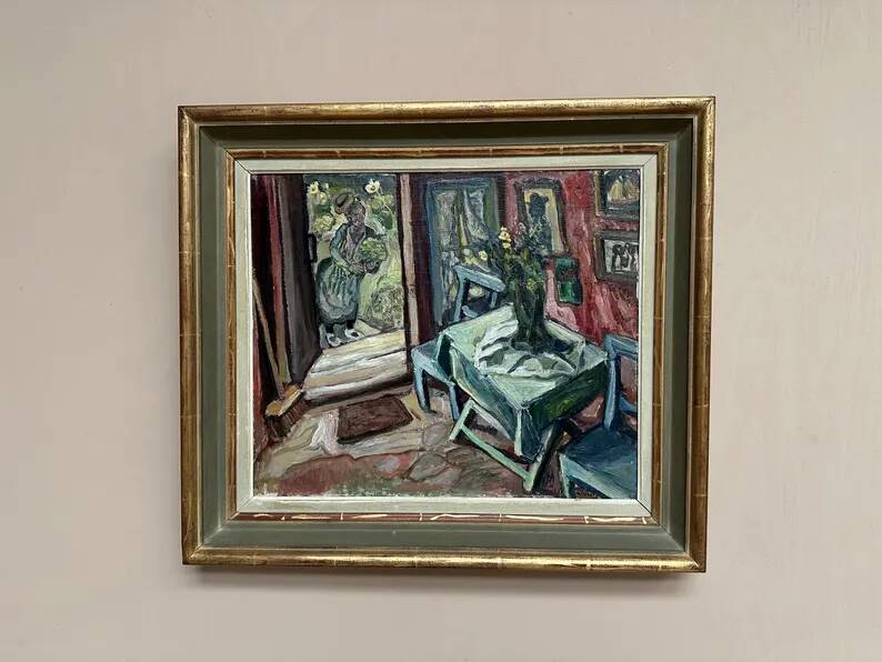 Oil on panel by Swedish artist – "Interior with figure" by Olle Nordberg (1905–1986) – 1944 – vintage and framed – 40×46 cm (15.7"×18.1")