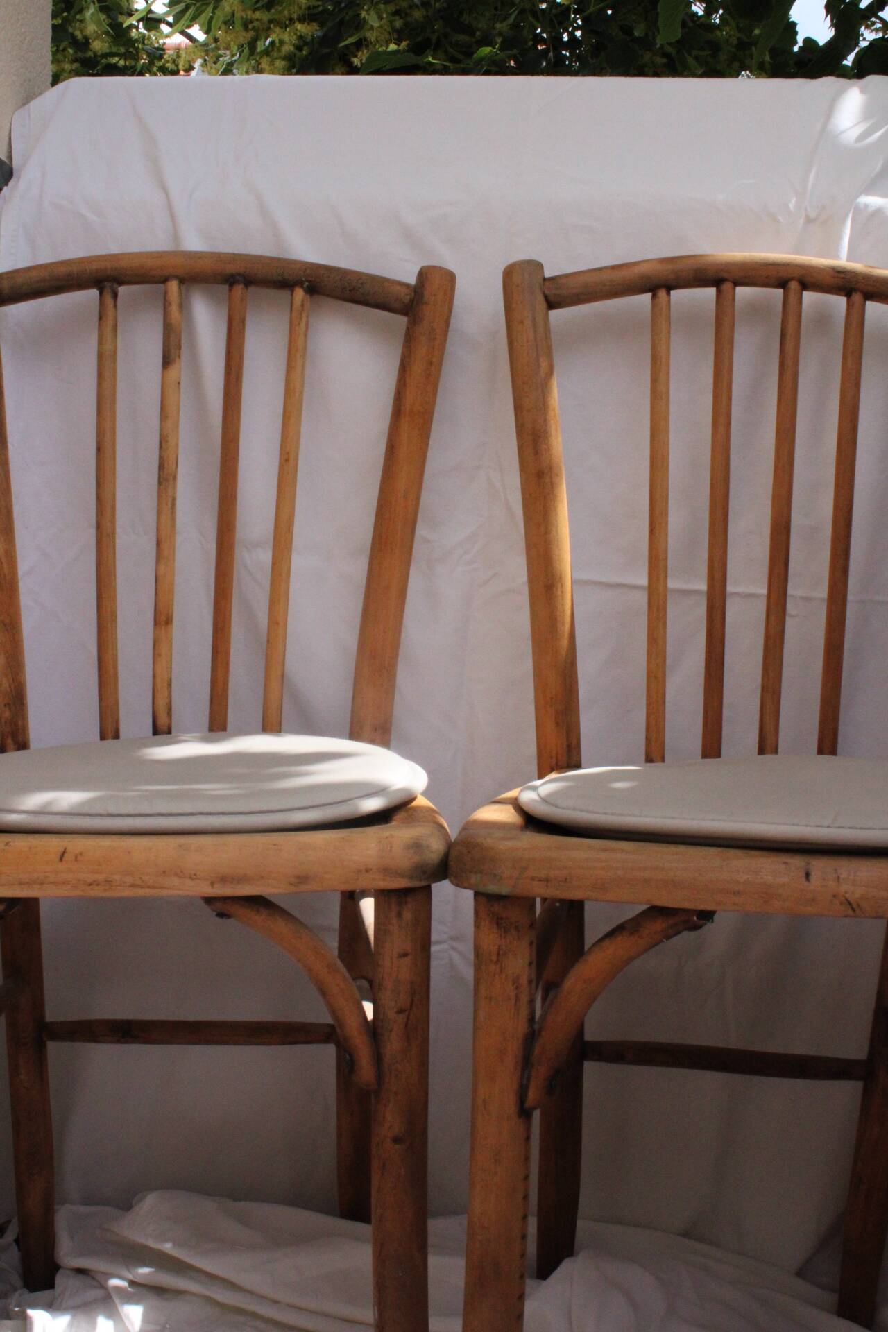 Duo of bistro chairs in bare wood, fully sanded and curved wooden backrest