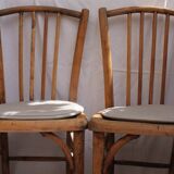 Duo of bistro chairs in bare wood, fully sanded and curved wooden backrest