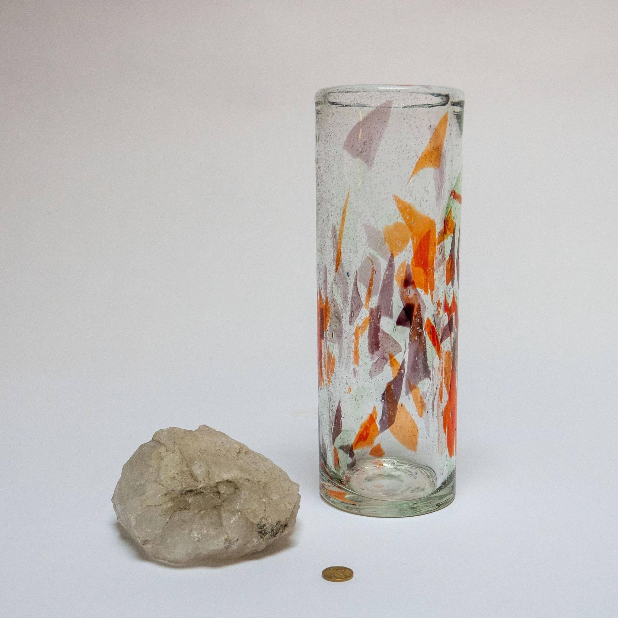 Vintage Tall Italian Vase in Clear Murano Glass with "Mosaic" Flakes Decoration