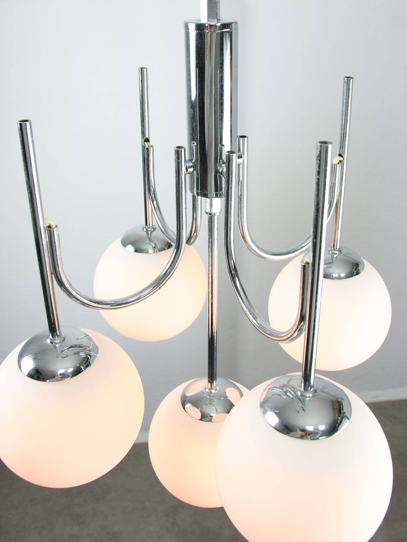 Vintage Italian Chrome and Opaline Chandelier, 1970s