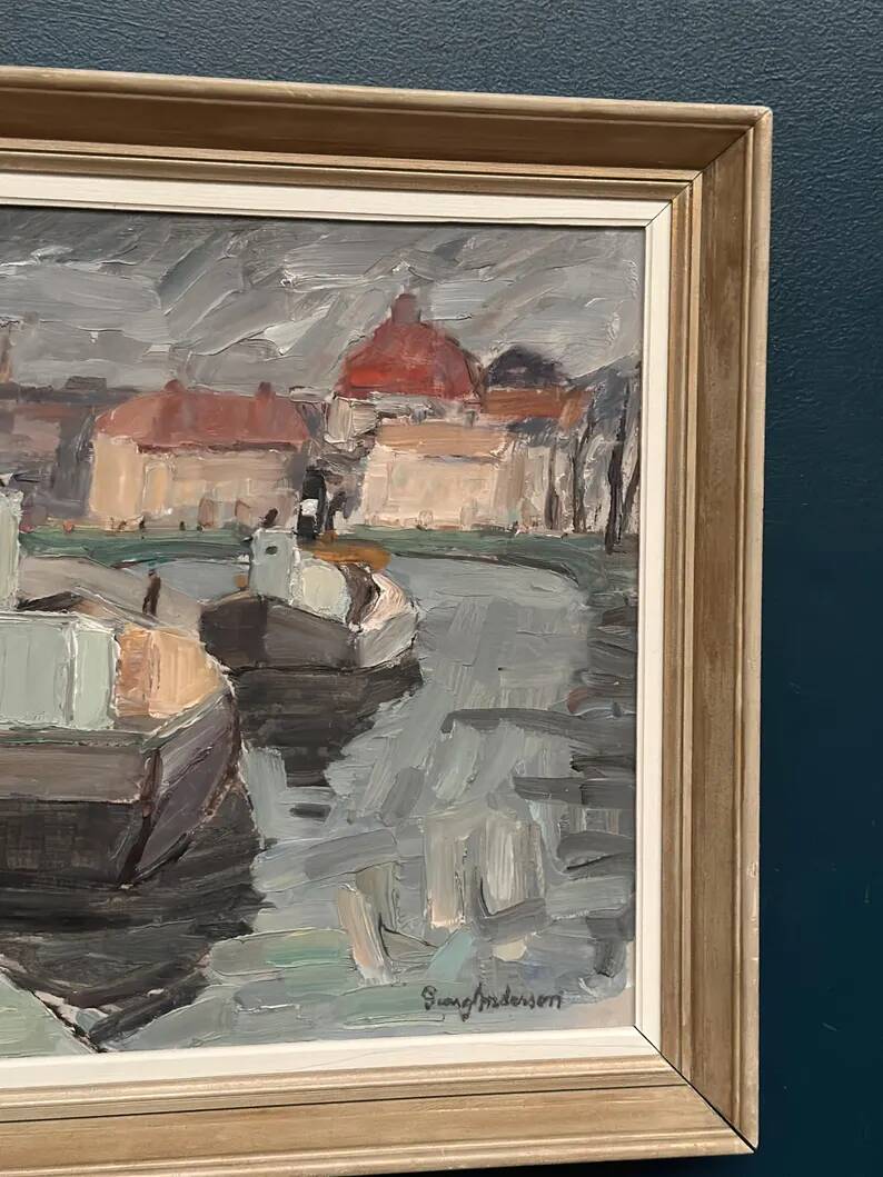 Original Swedish Oil on Canvas –“Harbour” by Georg Andersson – Signed – Vintage & Framed – 52 × 40 cm (20.4" x 15.7")