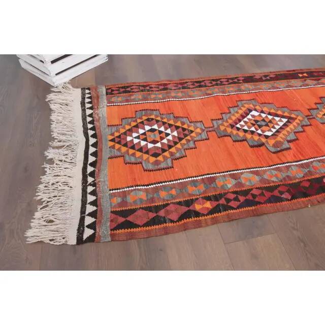1970s Vintage Turkish Hand-Knotted Wool Cotton Orange Runner Rug 92x320