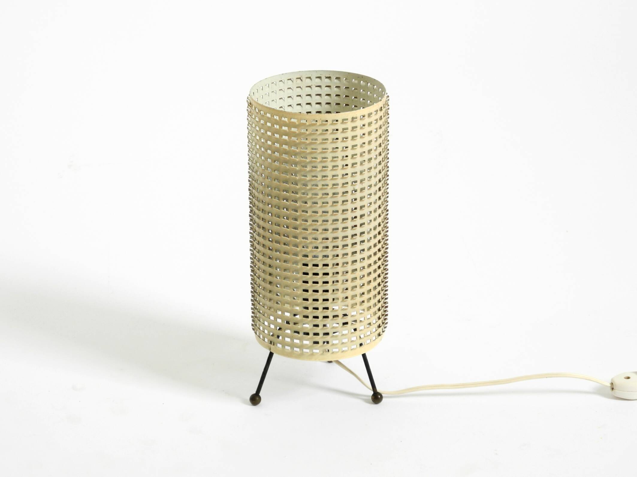 Original 1950s brass tripod table lamp with a perforated metal lampshade