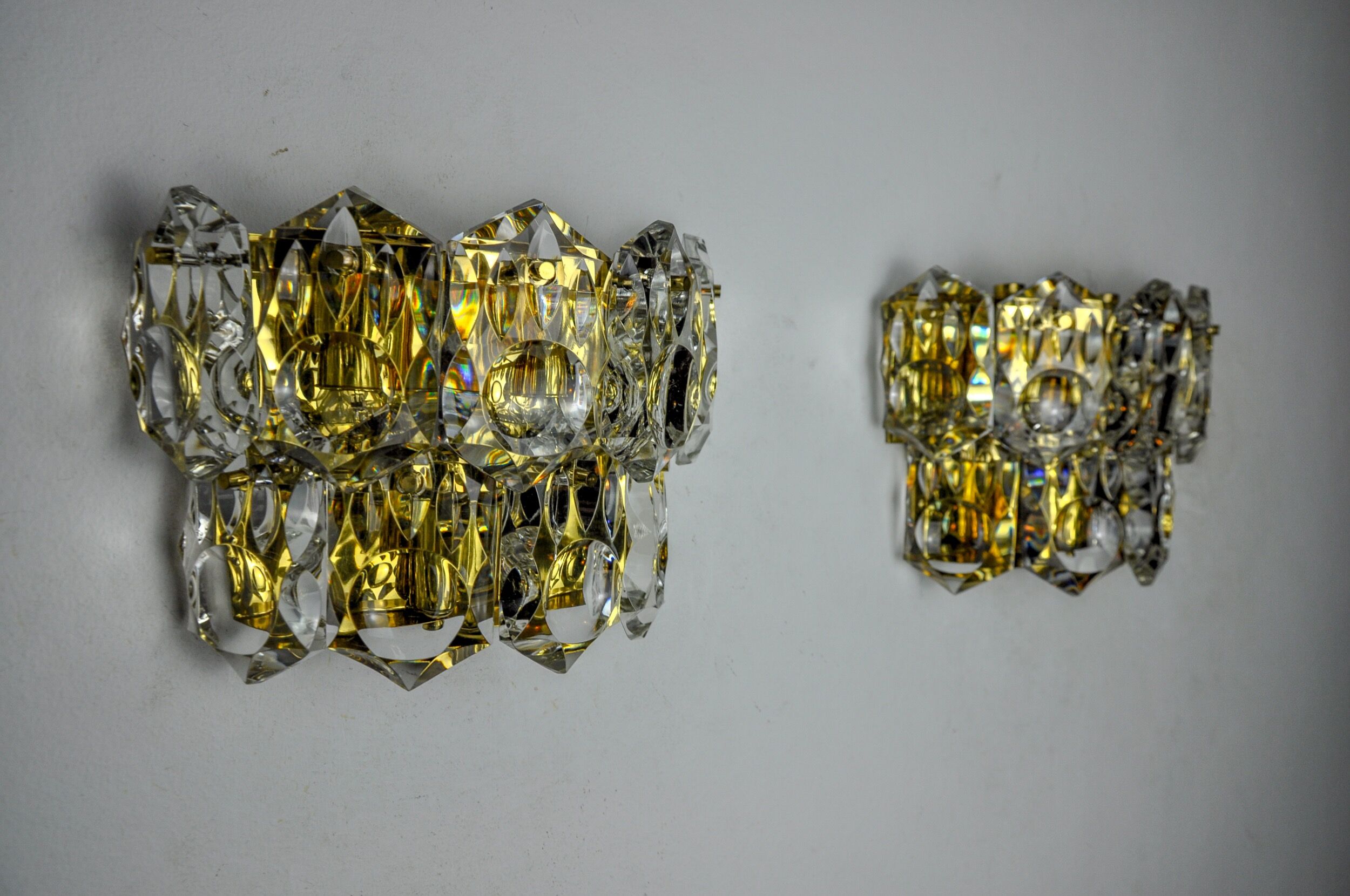 Pair of kinkeldey wall lamps, 2 levels, cut crystals germany, 1970