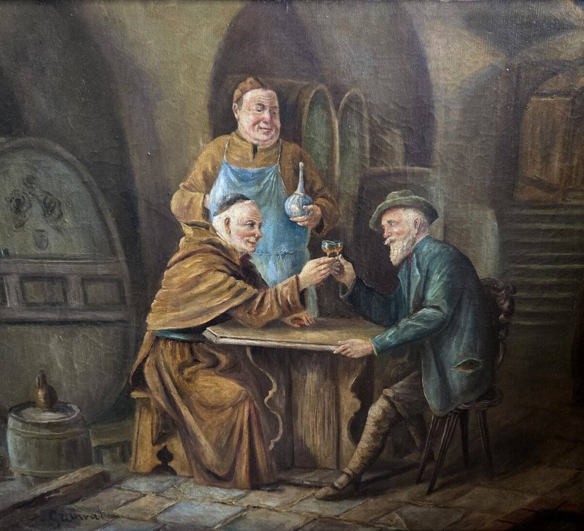 Granval: oil painting on canvas depicting a tasting scene in the cellars of a monastery.