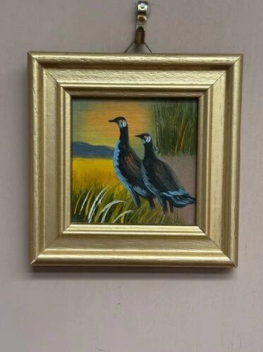 Mid-Century Oil on Panel – “Birds” by Unknown, Vintage & Framed
